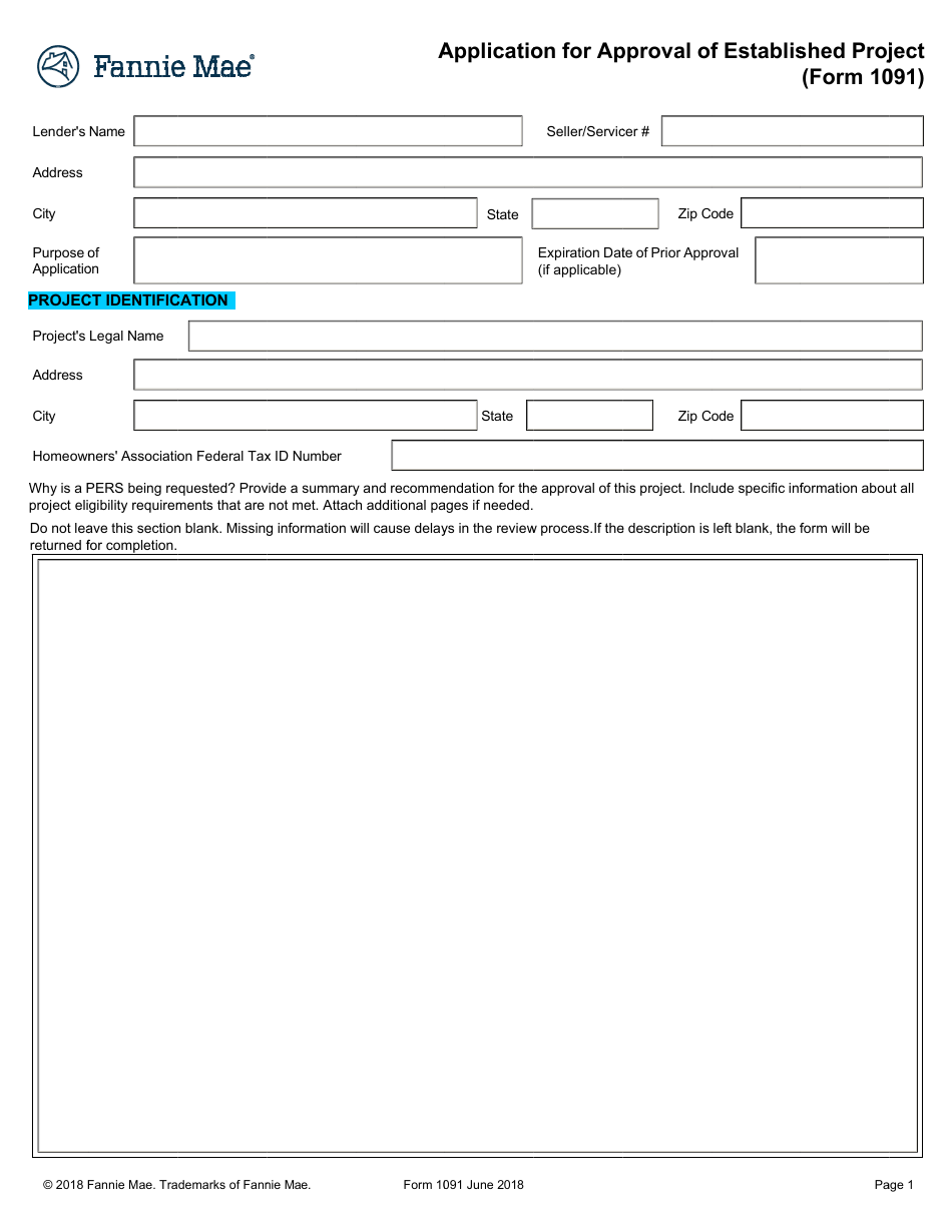 Form 1091 Application for Approval of Established Project, Page 1