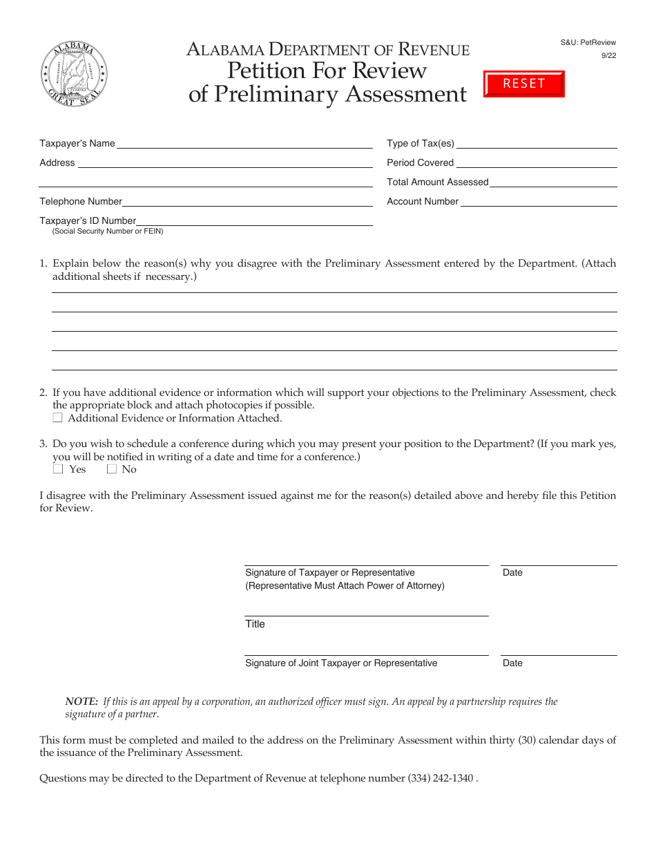 Form SU: PETREVIEW Petition for Review of Preliminary Assessment - Alabama, Page 1