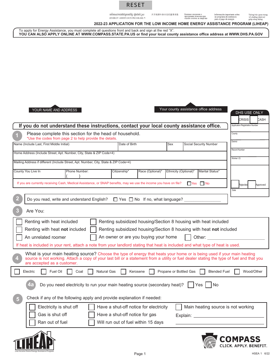 Form Hsea1 Download Fillable Pdf Or Fill Online Application For The Low Income Home Energy 6745