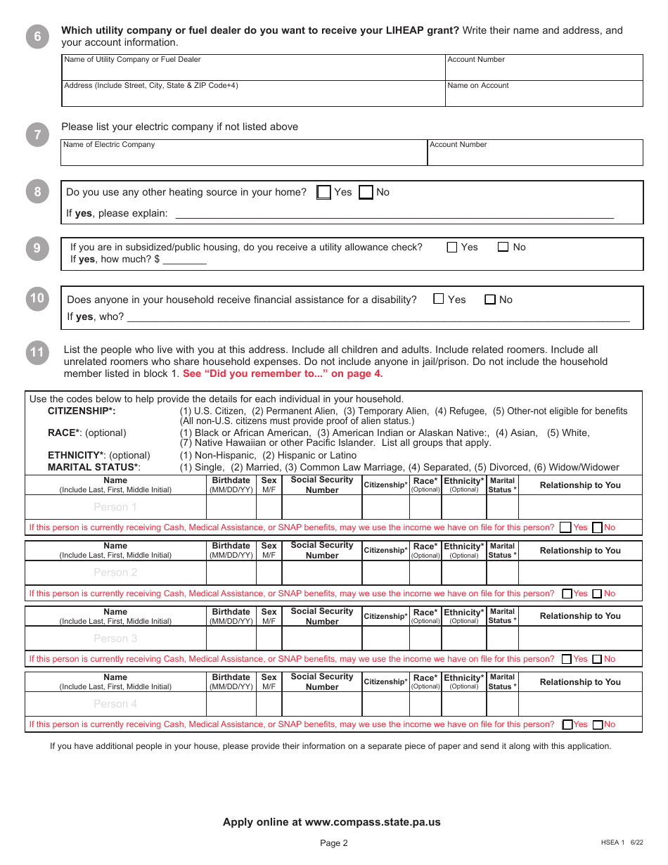 Form Hsea1 Download Fillable Pdf Or Fill Online Application For The Low Income Home Energy 2351