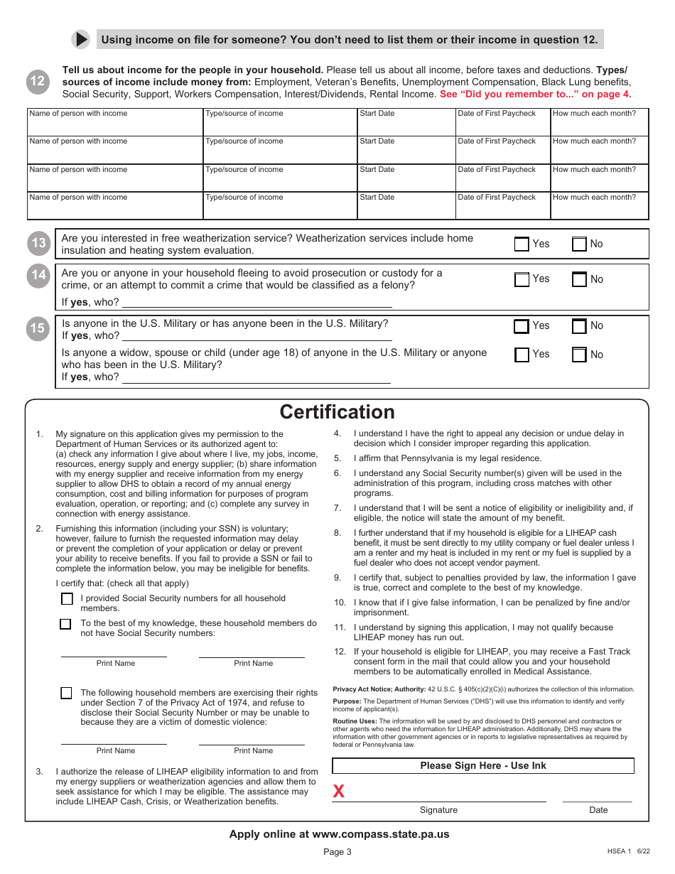 Form Hsea1 Download Fillable Pdf Or Fill Online Application For The Low Income Home Energy 9452