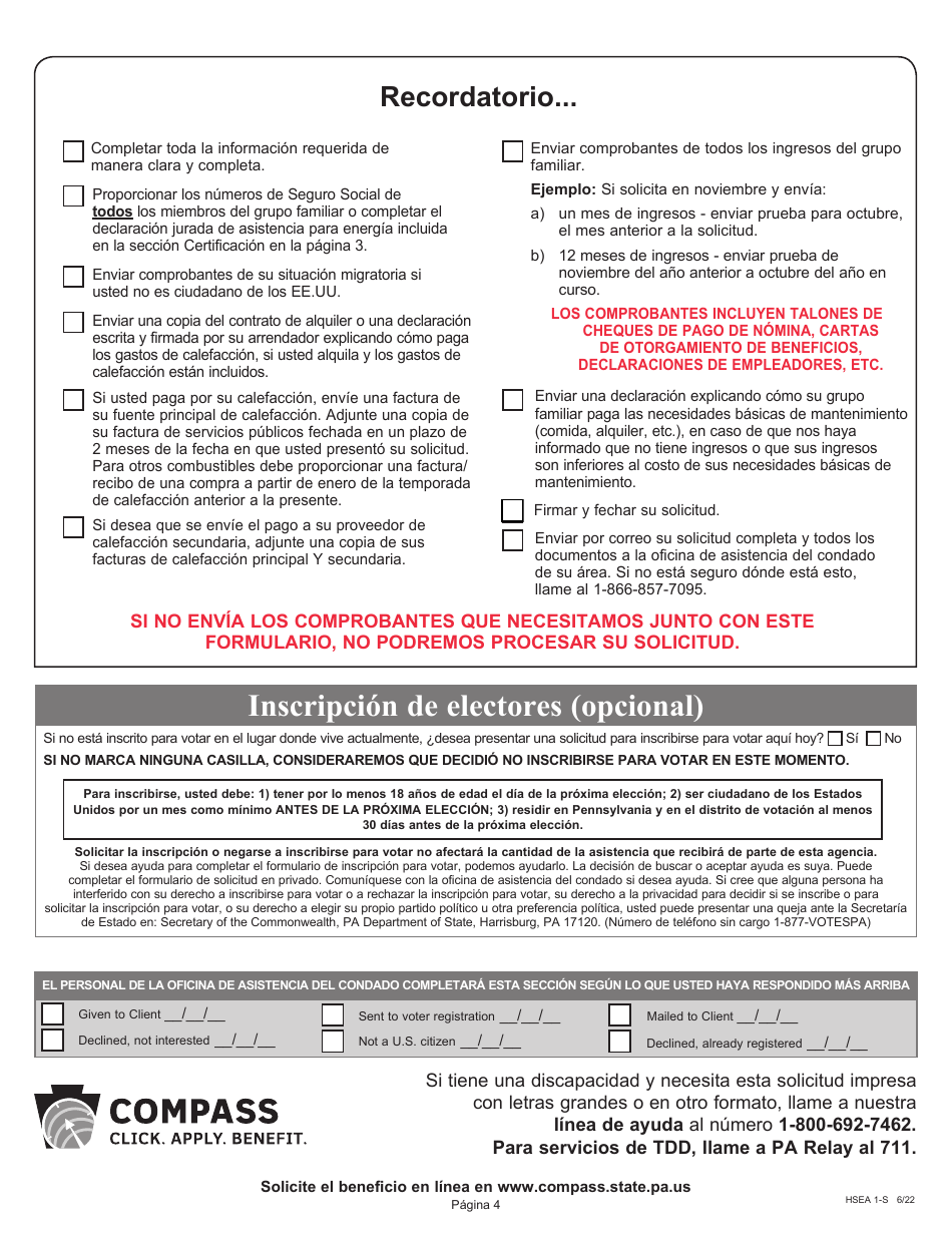 Formulario HSEA1-S Solicitud Para El Programa Para Asistencia De Energia Para Hogares De Bajos Ingresos (Liheap) - Pennsylvania (Spanish), Page 4