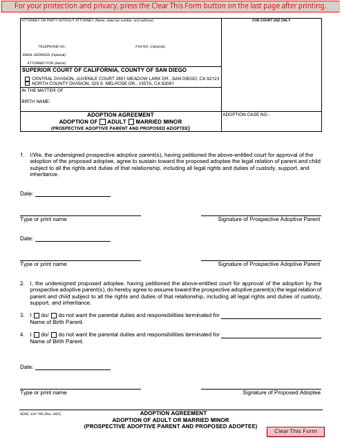Document preview: Form JUV-195 Adoption Agreement - Adoption of Adult or Married Minor (Prospective Adoptive Parent and Proposed Adoptee) - County of San Diego, California