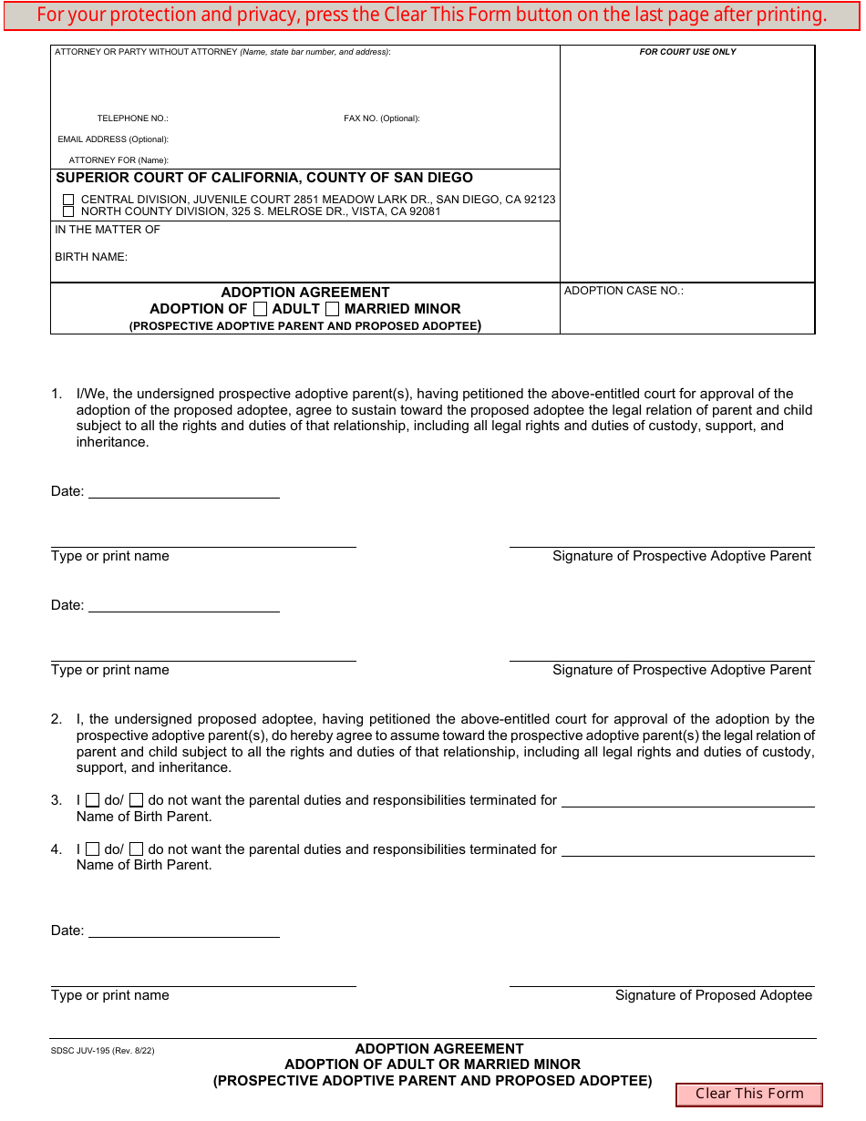 Form JUV-195 Adoption Agreement - Adoption of Adult or Married Minor (Prospective Adoptive Parent and Proposed Adoptee) - County of San Diego, California, Page 1