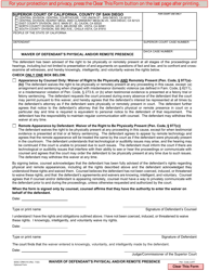 Document preview: Form CRM-010 Waiver of Defendant's Physical and/or Remote Presence - County of San Diego, California