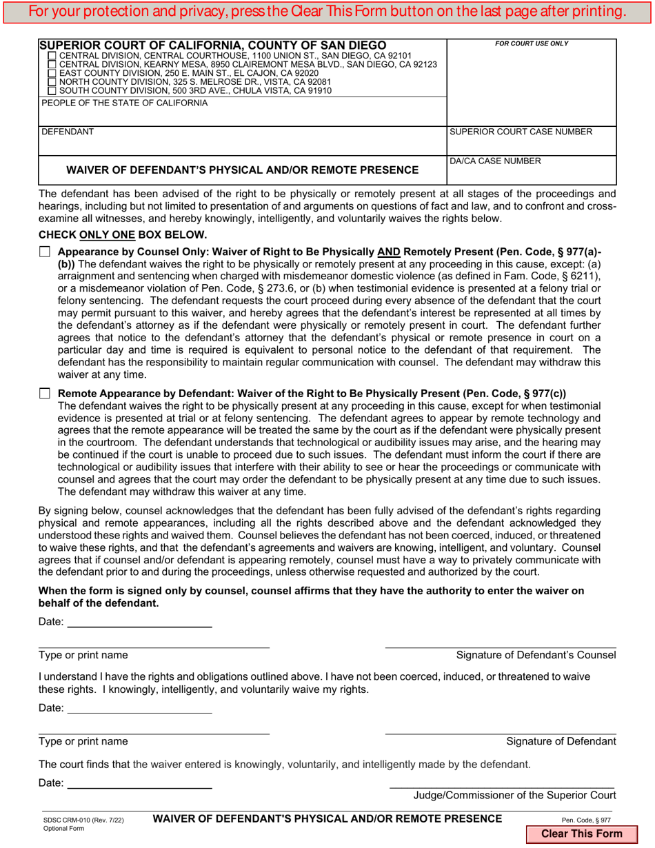 Form CRM-010 Waiver of Defendants Physical and / or Remote Presence - County of San Diego, California, Page 1
