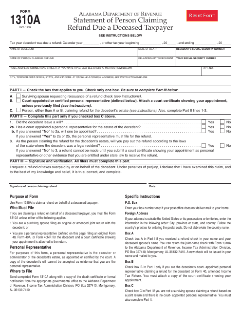 Form 1310A Statement of Person Claiming Refund Due a Deceased Taxpayer - Alabama