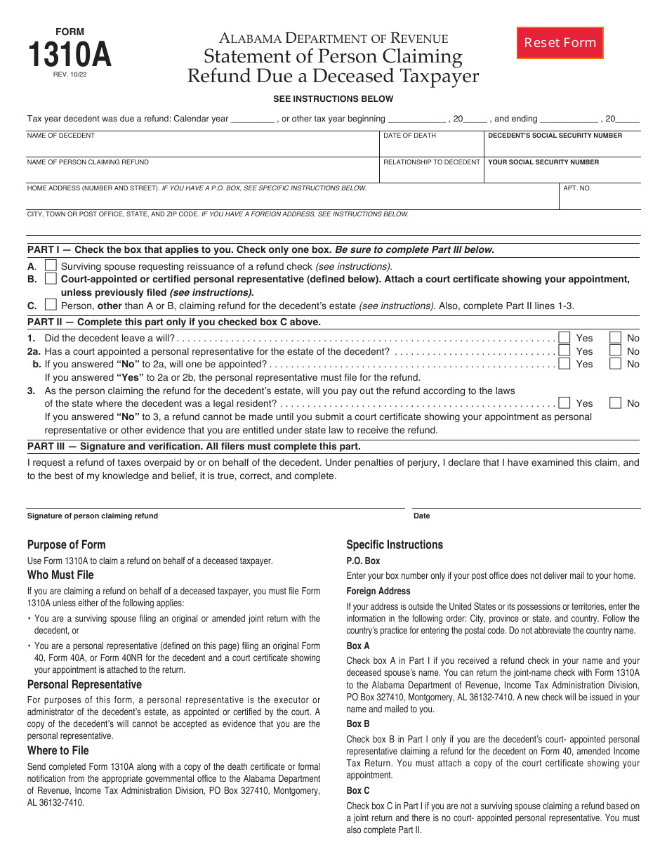 Form 1310a Fill Out Sign Online And Download Fillable Pdf Alabama Templateroller 7830