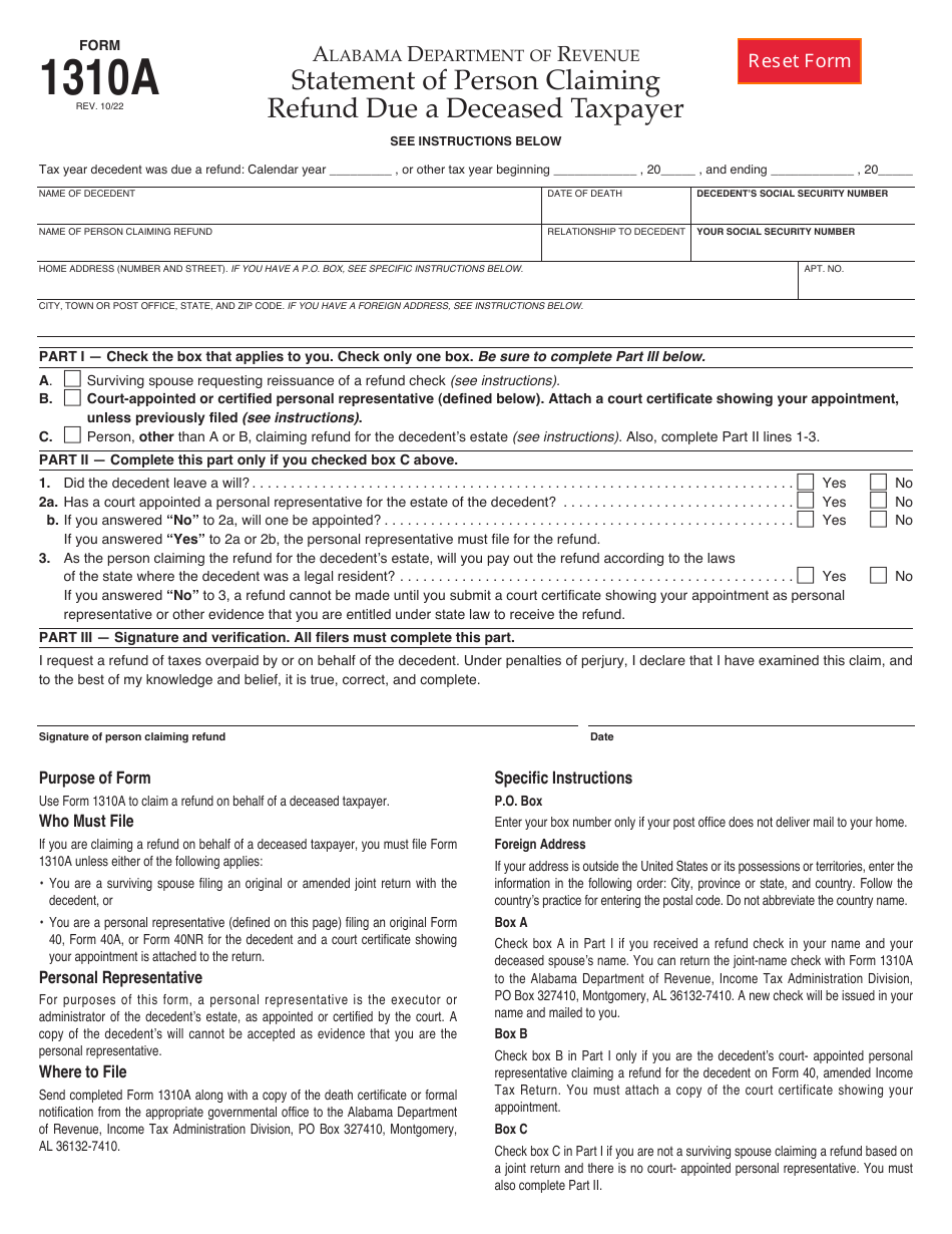 Form 1310A Statement of Person Claiming Refund Due a Deceased Taxpayer - Alabama, Page 1