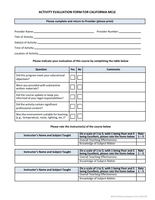 Activity Evaluation Form for California Mcle - California