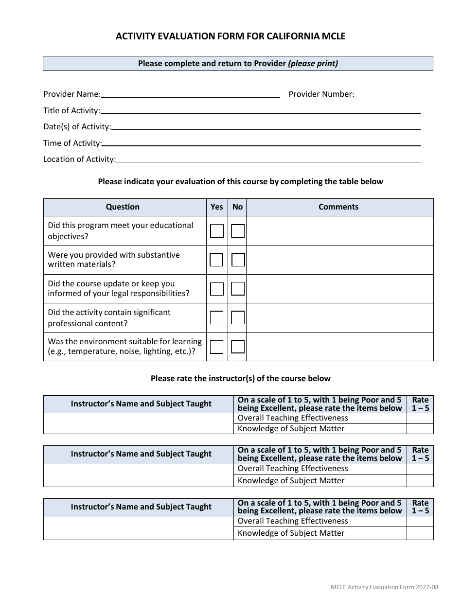 Activity Evaluation Form for California Mcle - California, Page 1