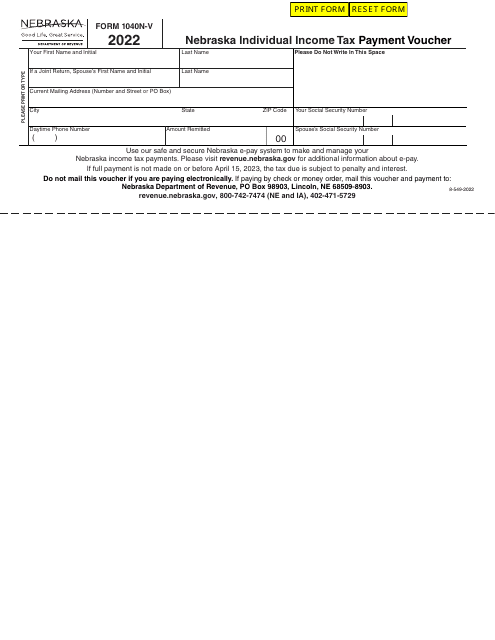 Form 1040N-V Nebraska Individual Income Tax Payment Voucher - Nebraska, 2022