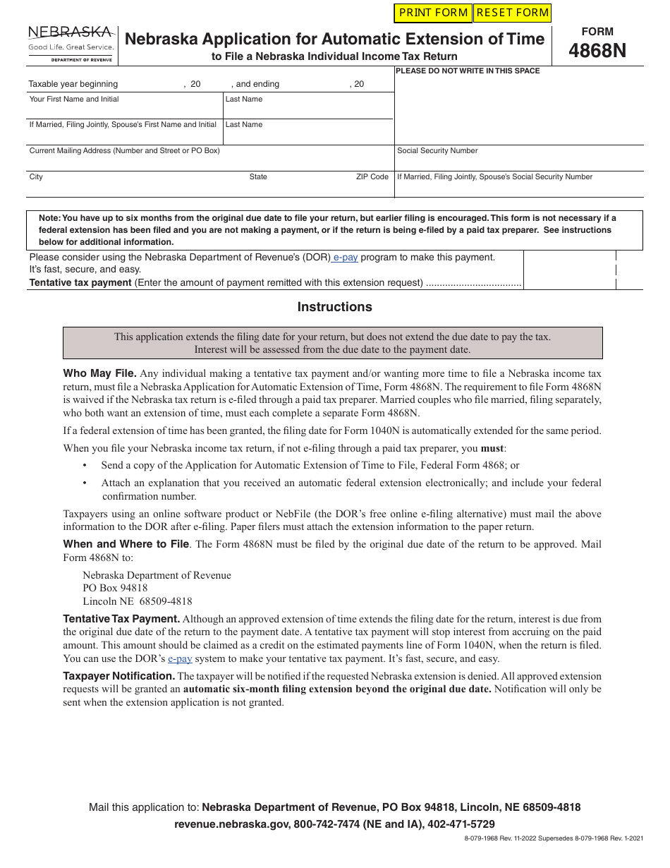 Form 4868N Nebraska Application for Automatic Extension of Time to File a Nebraska Individual Income Tax Return - Nebraska, Page 1