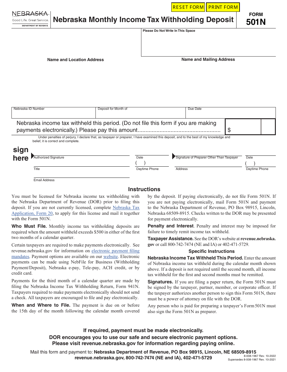Form 501N Nebraska Monthly Income Tax Withholding Deposit - Nebraska, Page 1