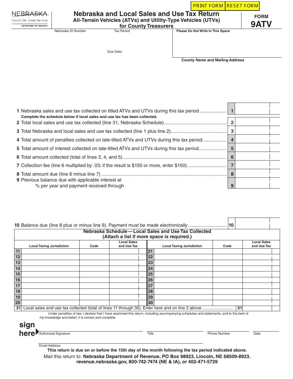 Form 9ATV Nebraska and Local Sales and Use Tax Return All-terrain Vehicles (Atvs) and Utility-type Vehicles (Utvs) for County Treasurers (For 10 / 2022 and After) - Nebraska, Page 1
