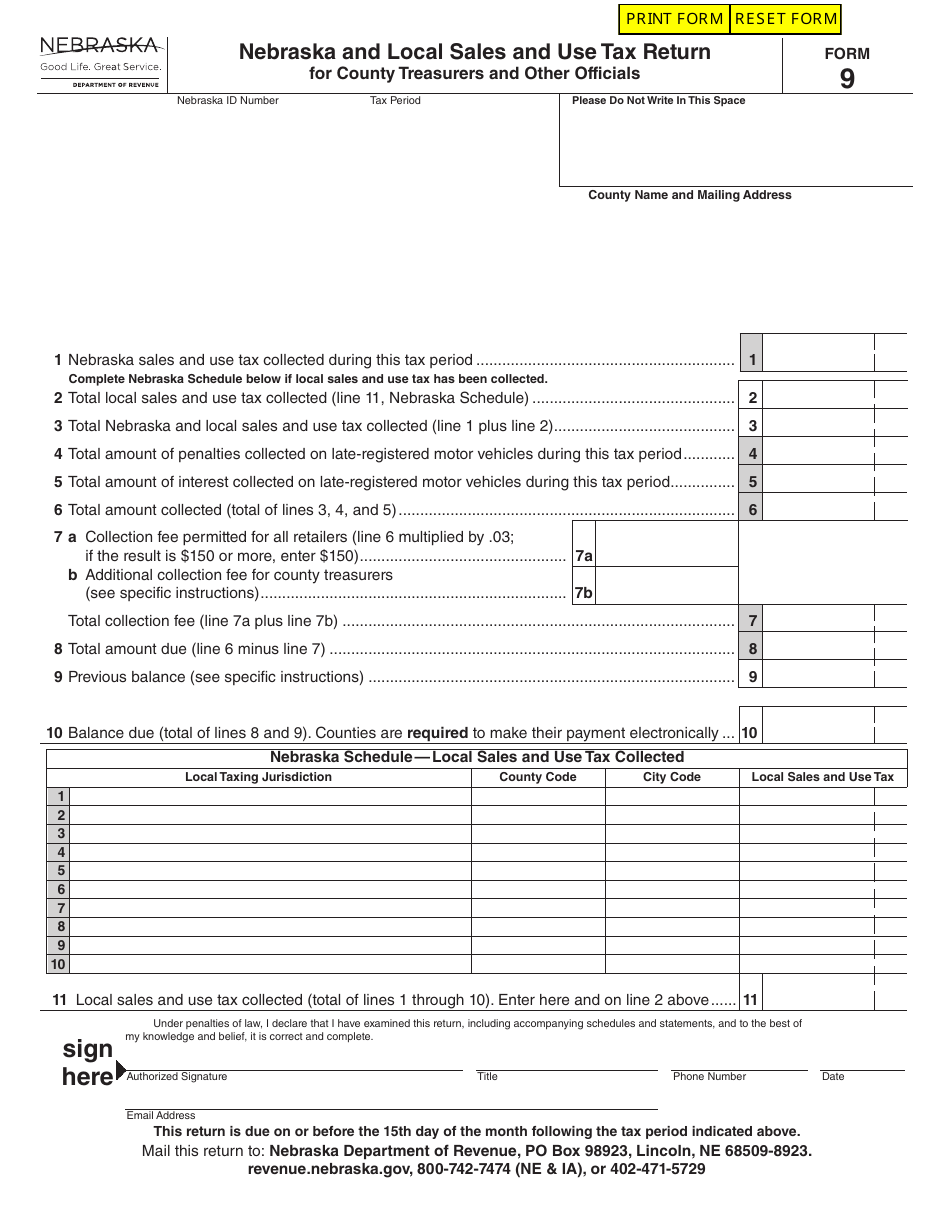 Form 9 Download Fillable PDF or Fill Online Nebraska and Local Sales and Use Tax Return for