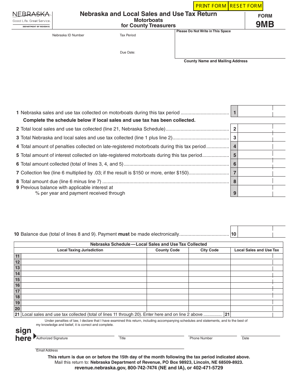Form 9MB Nebraska and Local Sales and Use Tax Return Motorboats for County Treasurers (For 10 / 2022 and After) - Nebraska, Page 1