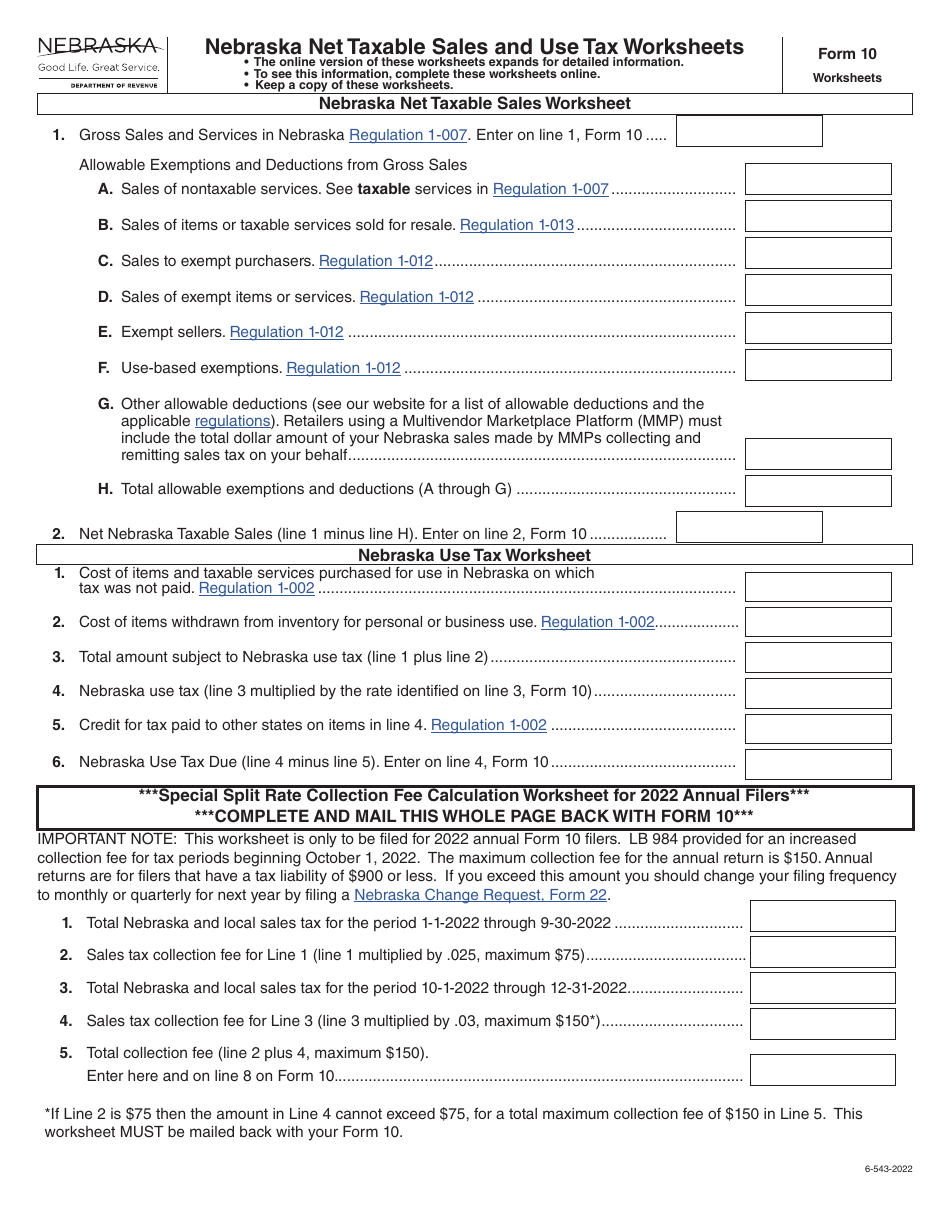 Form 10 - Fill Out, Sign Online and Download Fillable PDF, Nebraska ...