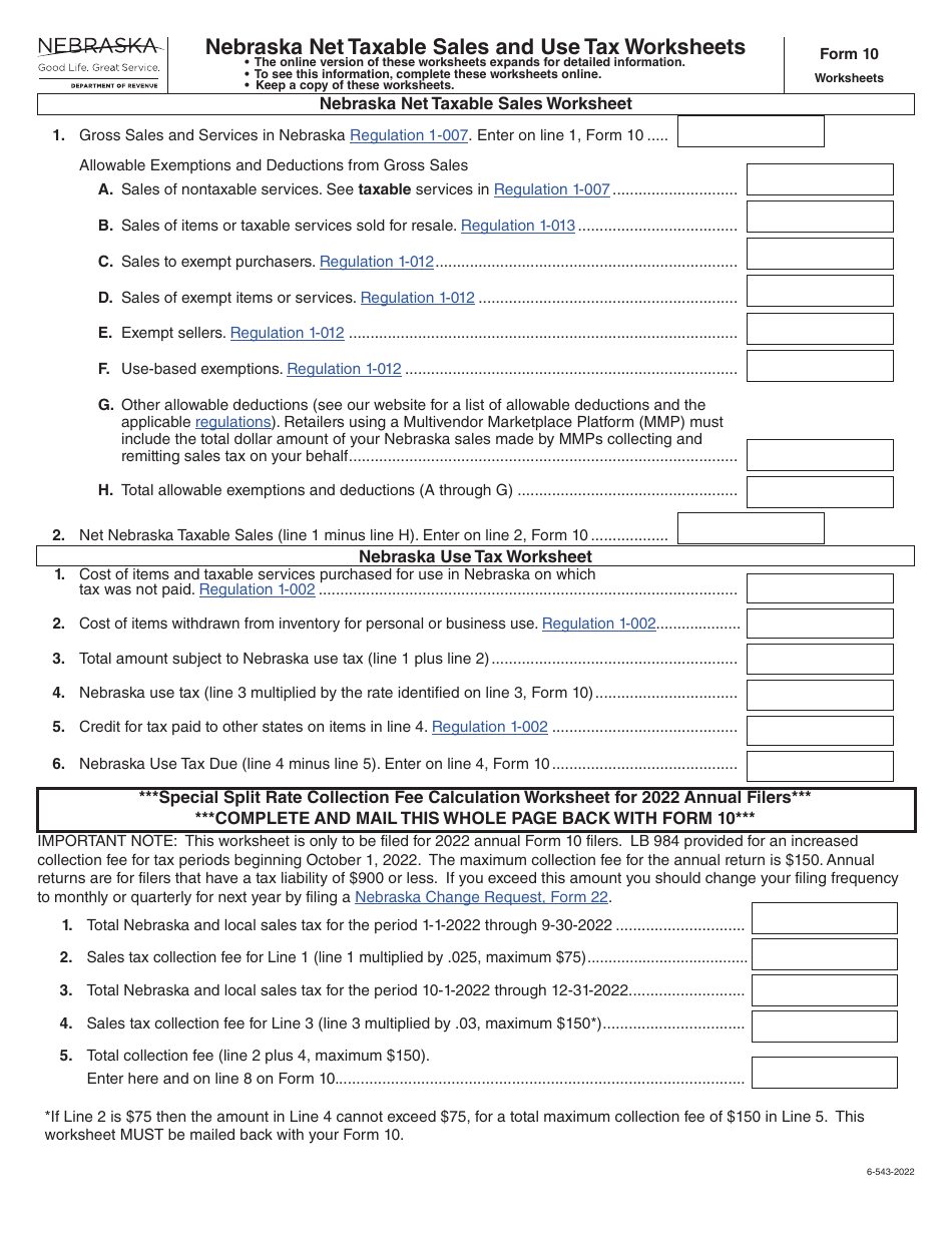 Form 10 Nebraska Net Taxable Sales and Use Tax Worksheets - Nebraska, Page 1