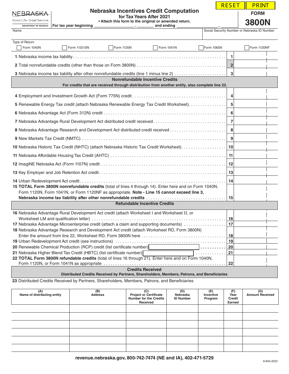Form 3800N Nebraska Incentives Credit Computation for Tax Years After 2021 - Nebraska, Page 1