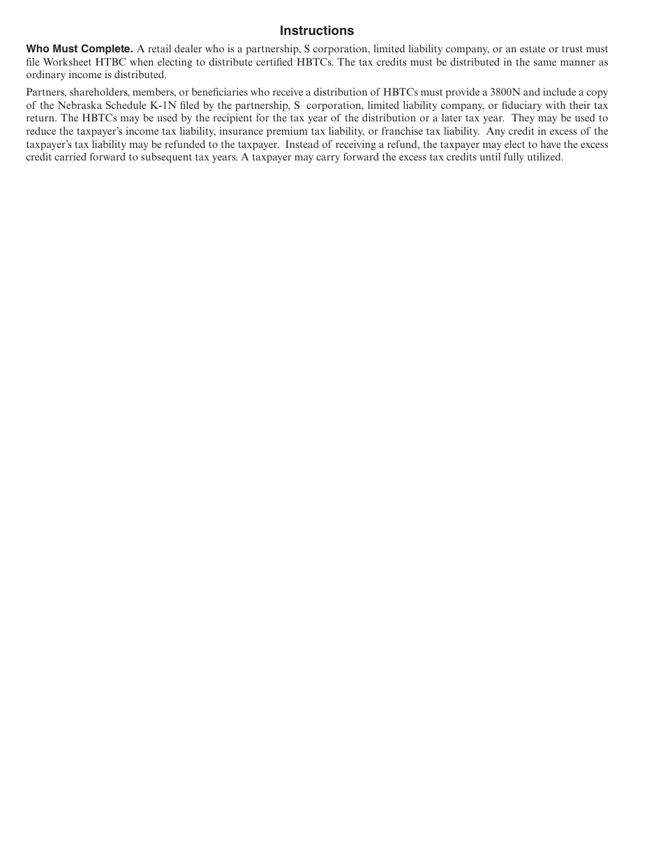 Form 3800N Worksheet HBTC Nebraska Higher Blend Tax Credit (Hbtc) - Distribution Schedule - Nebraska, Page 2