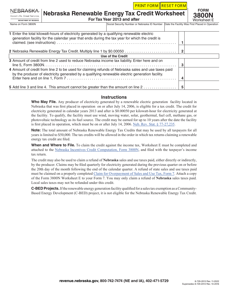 Form 3800N Worksheet E Nebraska Renewable Energy Tax Credit Worksheet for Tax Year 2013 and After - Nebraska, Page 1