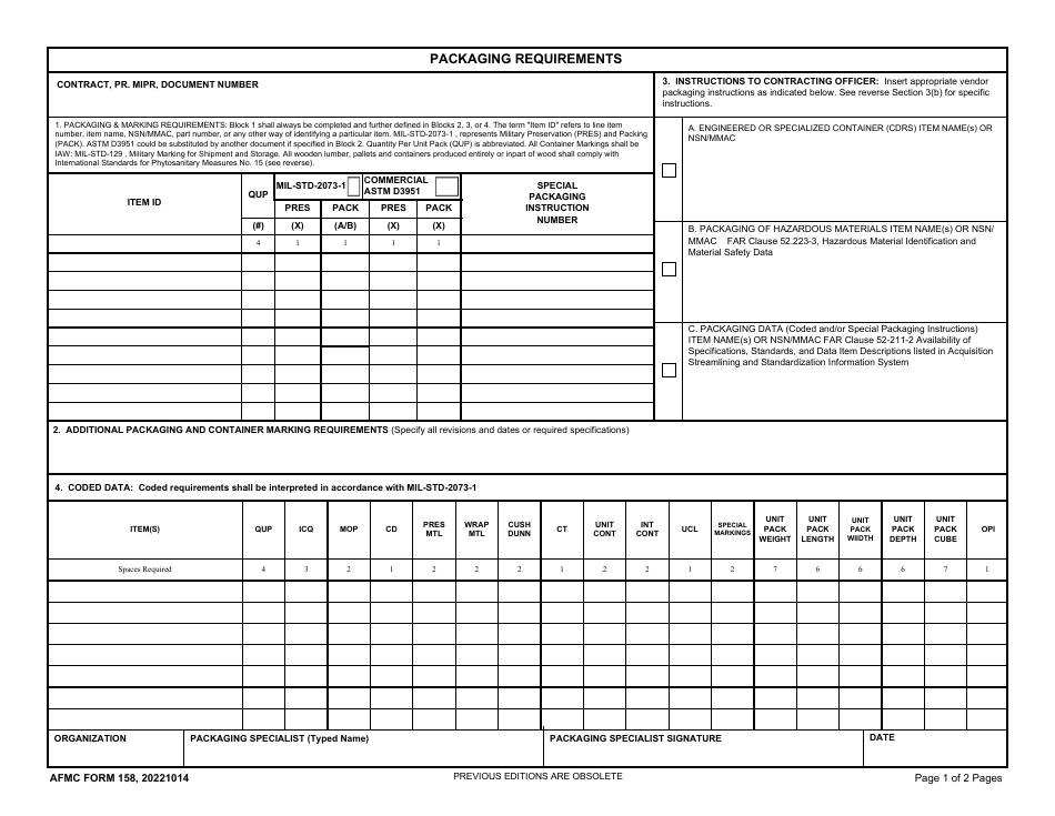 AFMC Form 158 Download Fillable PDF or Fill Online Packaging ...