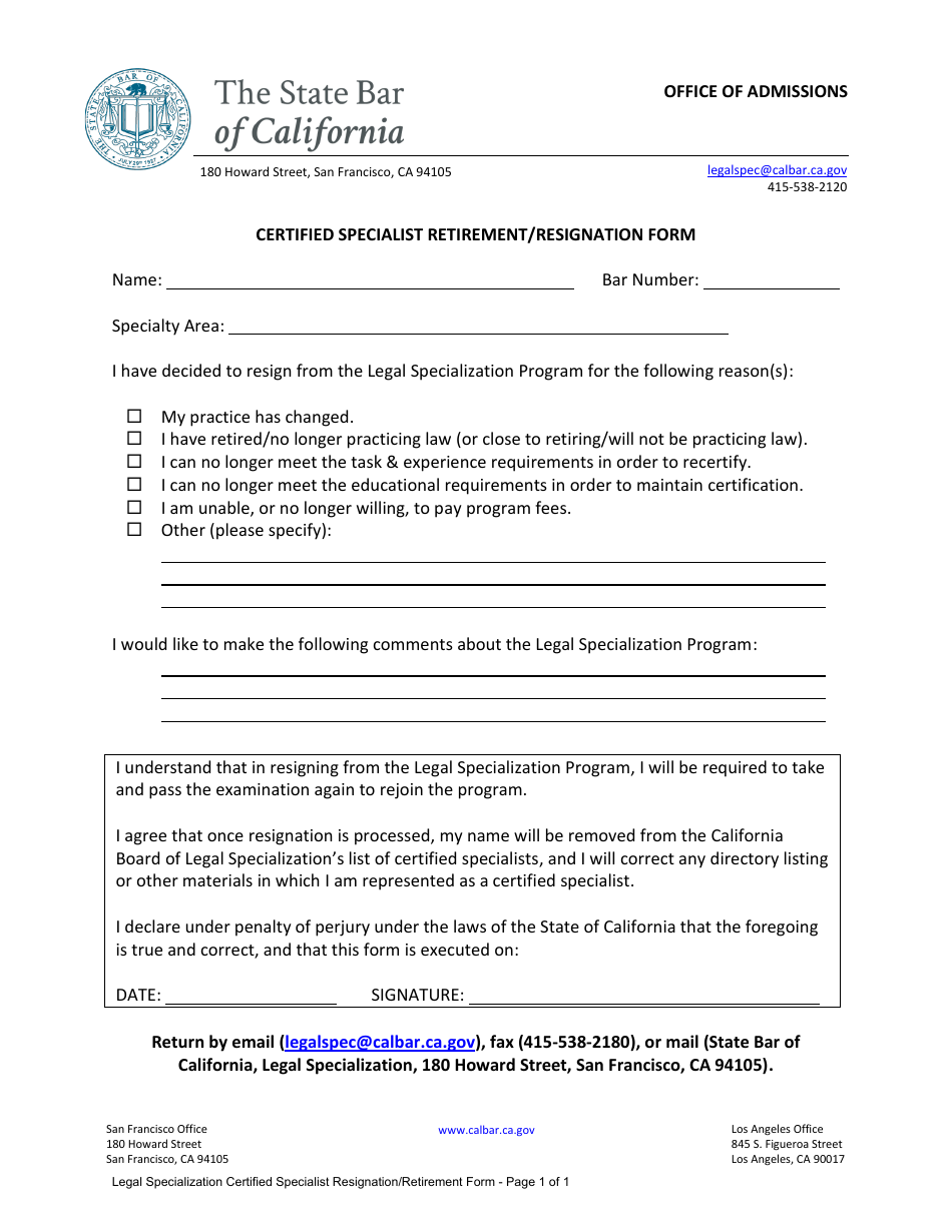 Certified Specialist Retirement / Resignation Form - California, Page 1