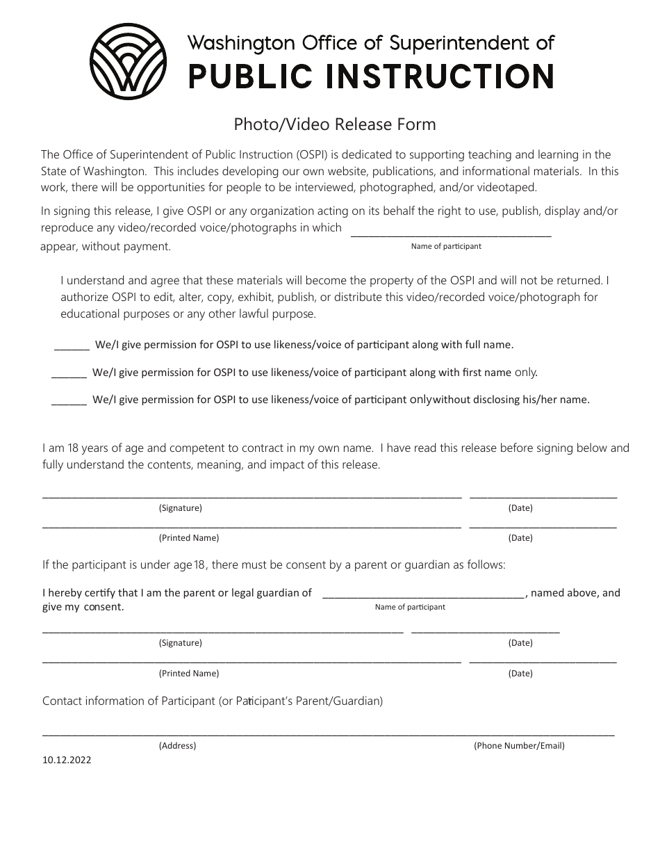 Photo / Video Release Form - Washington, Page 1