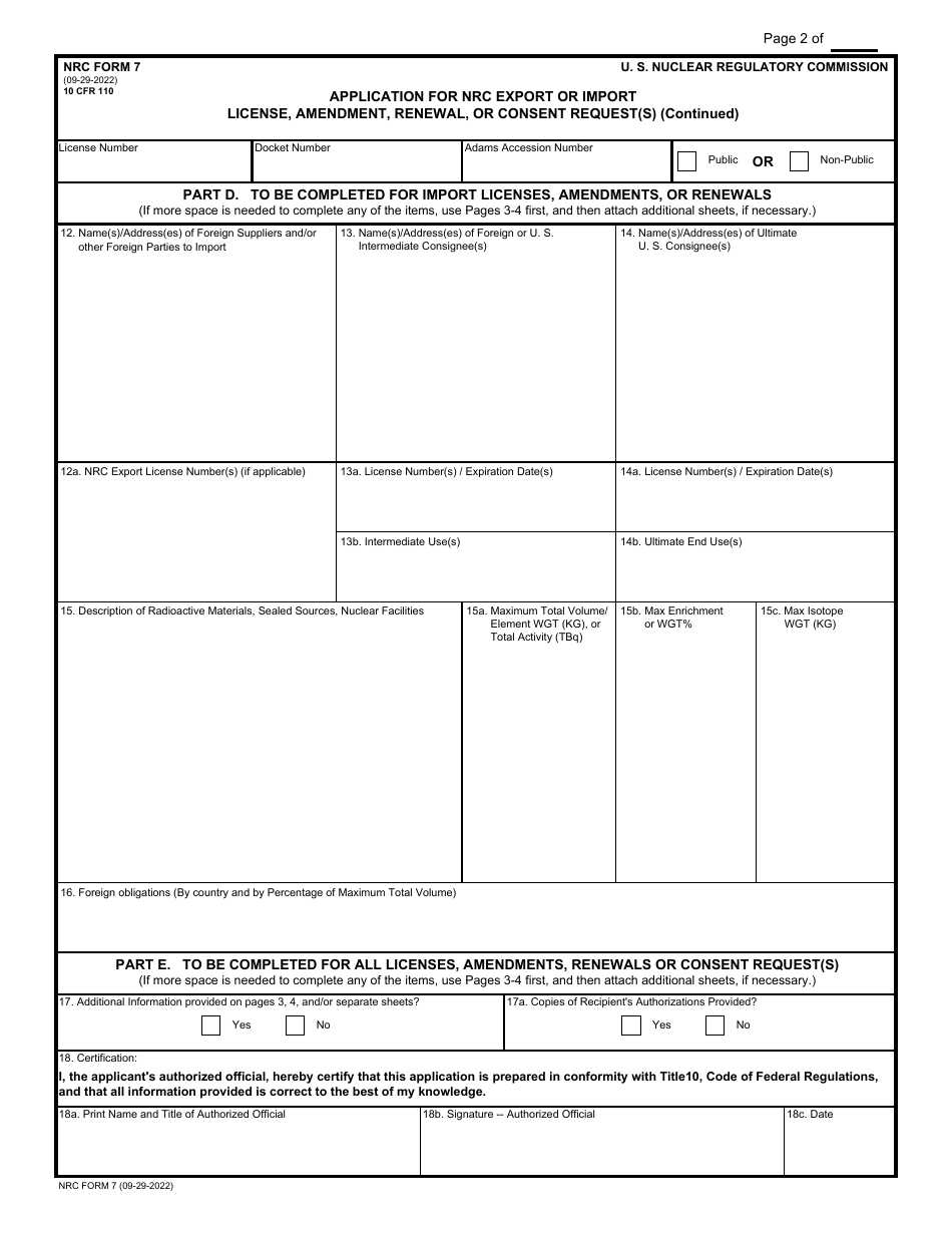 NRC Form 7 Application for NRC Export or Import License, Amendment, Renewal, or Consent Request(S), Page 2