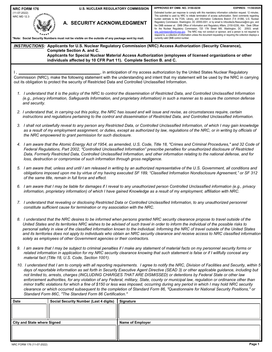 NRC Form 176 Security Acknowledgment, Page 1