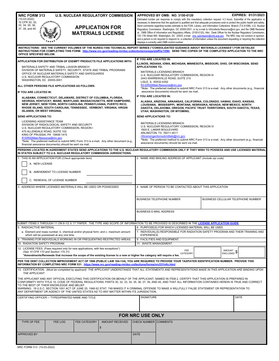 NRC Form 313 Application for Materials License, Page 1