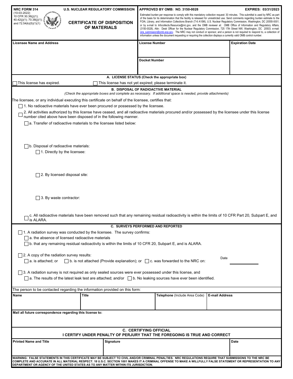 NRC Form 314 Certificate of Disposition of Materials, Page 1