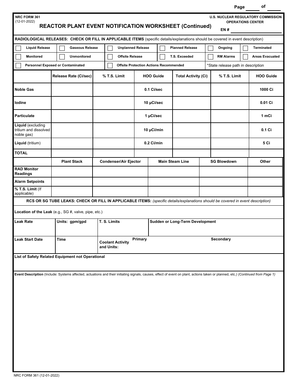 NRC Form 361 Reactor Plant Event Notification Worksheet, Page 2