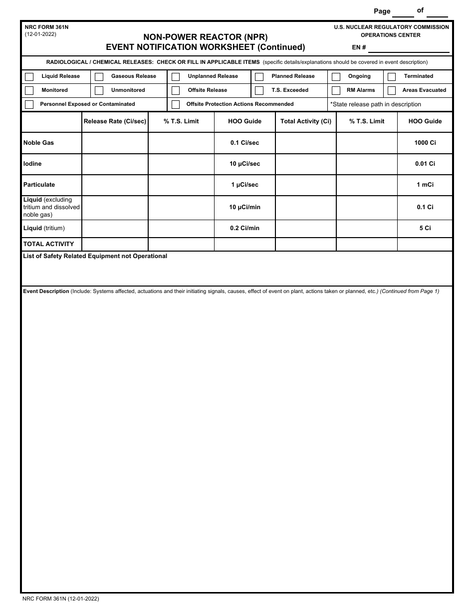 NRC Form 361N Non-power Reactor (Npr) Event Notification Worksheet, Page 2