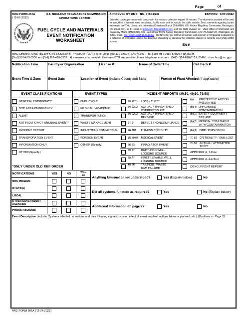 NRC Form 361A  Printable Pdf