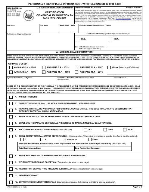 NRC Form 396  Printable Pdf