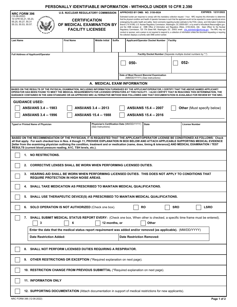 NRC Form 396 Certification of Medical Examination by Facility Licensee, Page 1