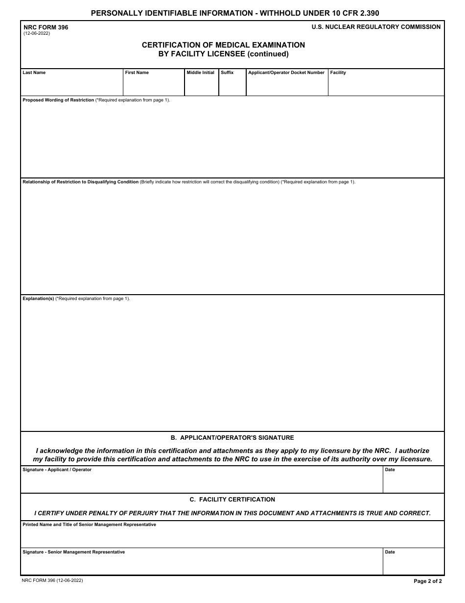 NRC Form 396 Certification of Medical Examination by Facility Licensee, Page 2