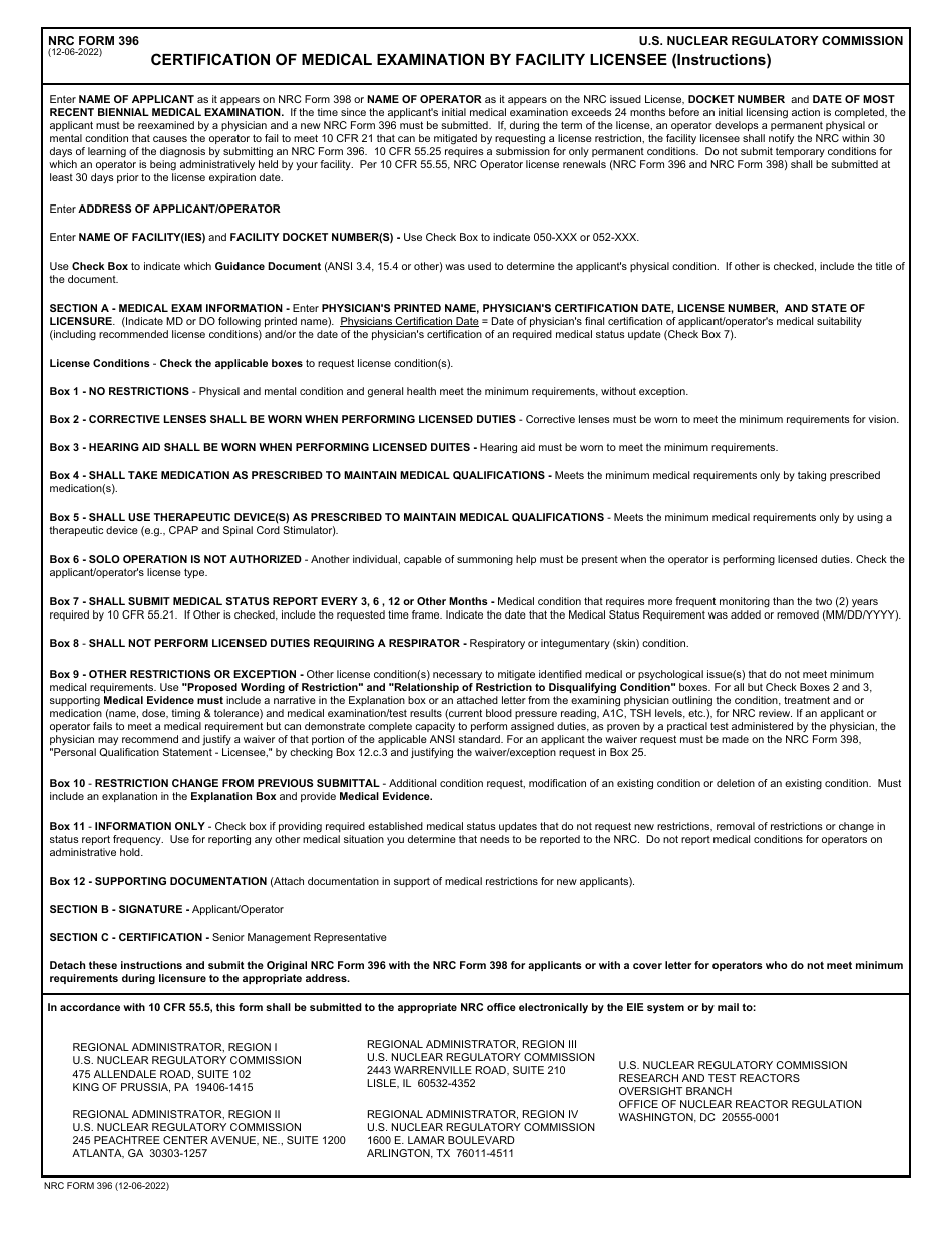 NRC Form 396 Certification of Medical Examination by Facility Licensee, Page 3