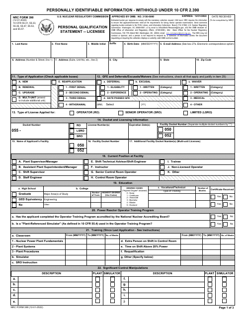NRC Form 398  Printable Pdf