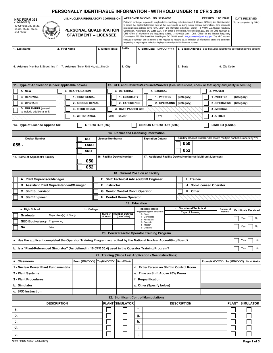 NRC Form 398 Personally Identifiable Information - Withhold Under 10 Cfr 2.390, Page 1
