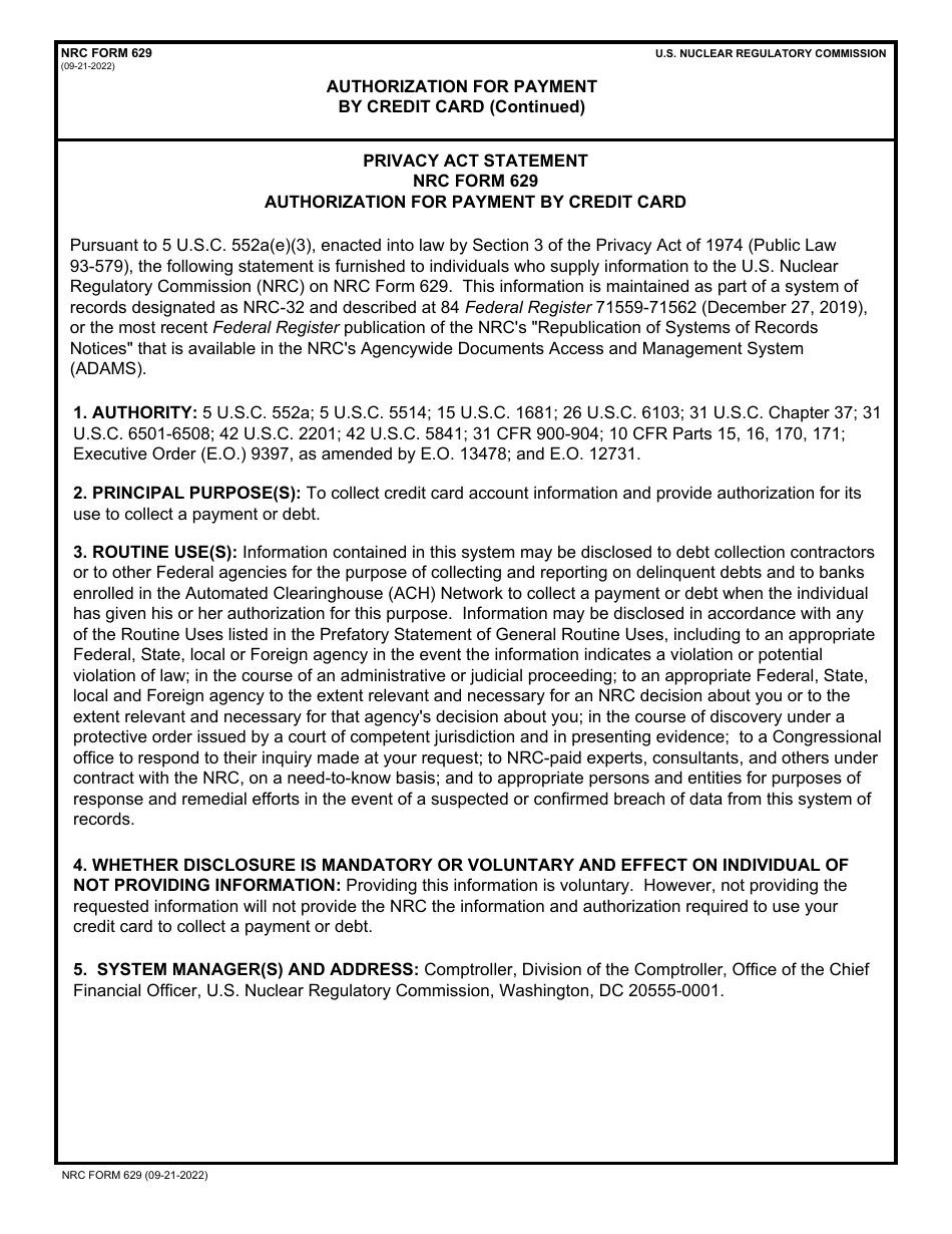 NRC Form 629 Authorization for Payment by Credit Card, Page 2