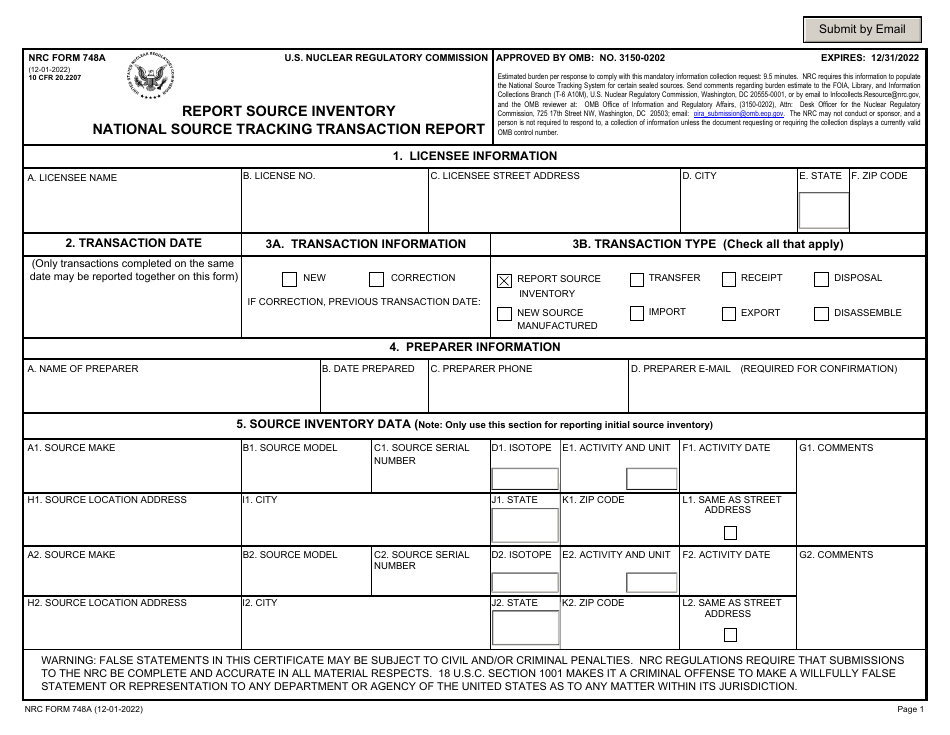NRC Form 748A Report Source Inventory National Source Tracking Transaction Report, Page 1