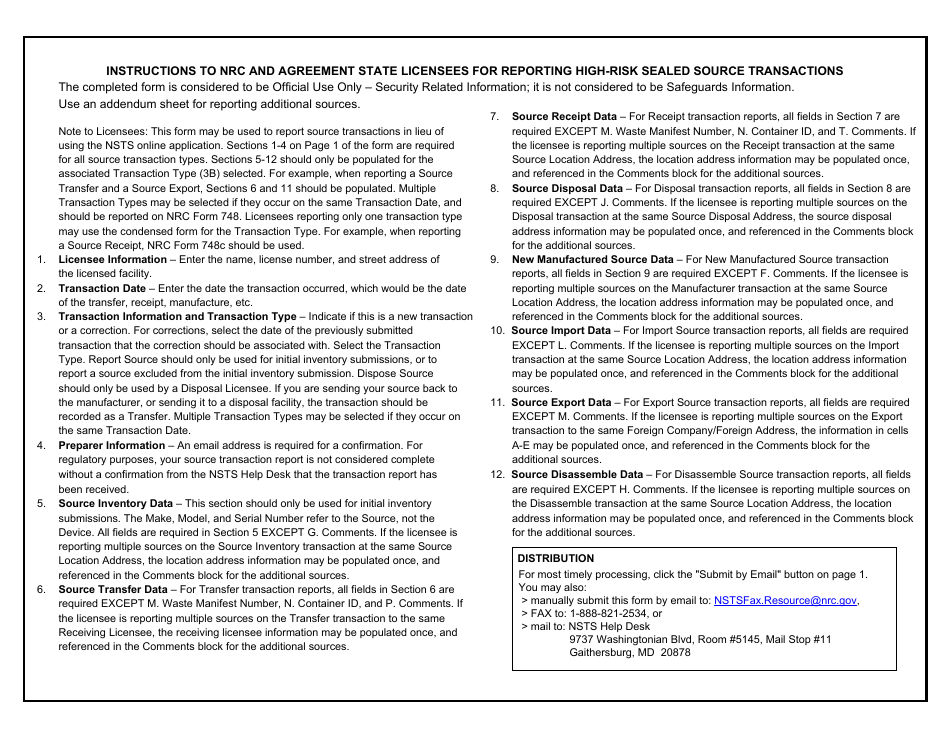 NRC Form 748A Report Source Inventory National Source Tracking Transaction Report, Page 3