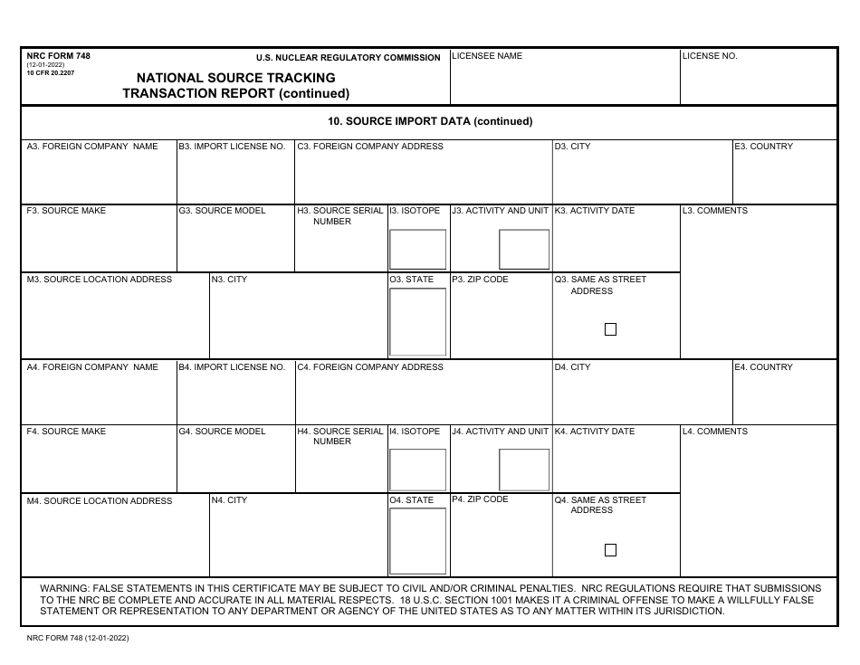 NRC Form 748 National Source Tracking Transaction Report, Page 11