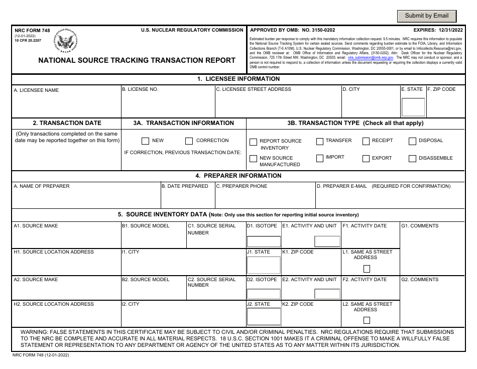 NRC Form 748 National Source Tracking Transaction Report, Page 1