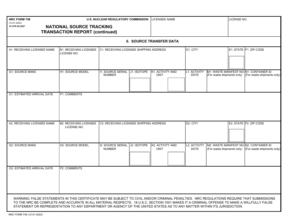 NRC Form 748 National Source Tracking Transaction Report, Page 3