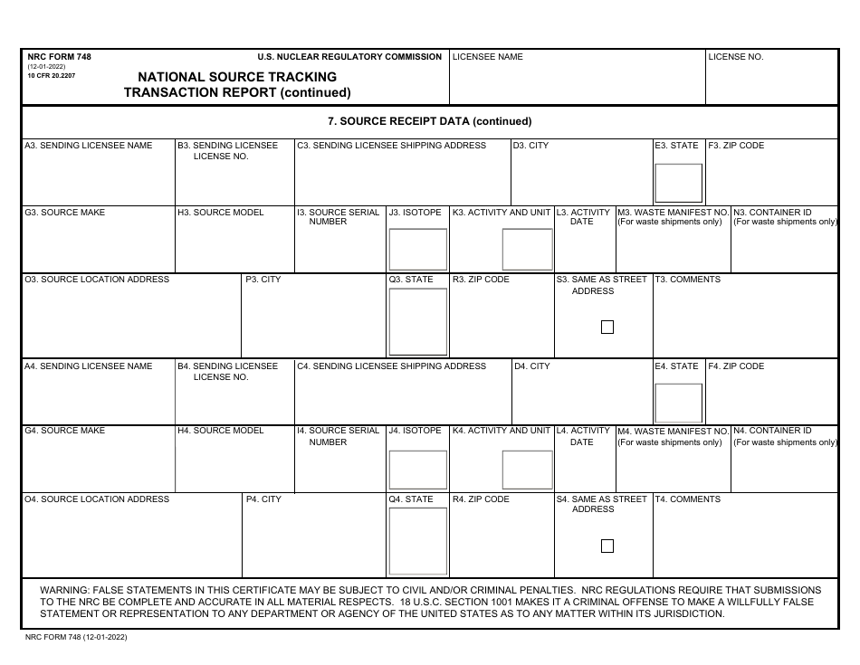 NRC Form 748 National Source Tracking Transaction Report, Page 6