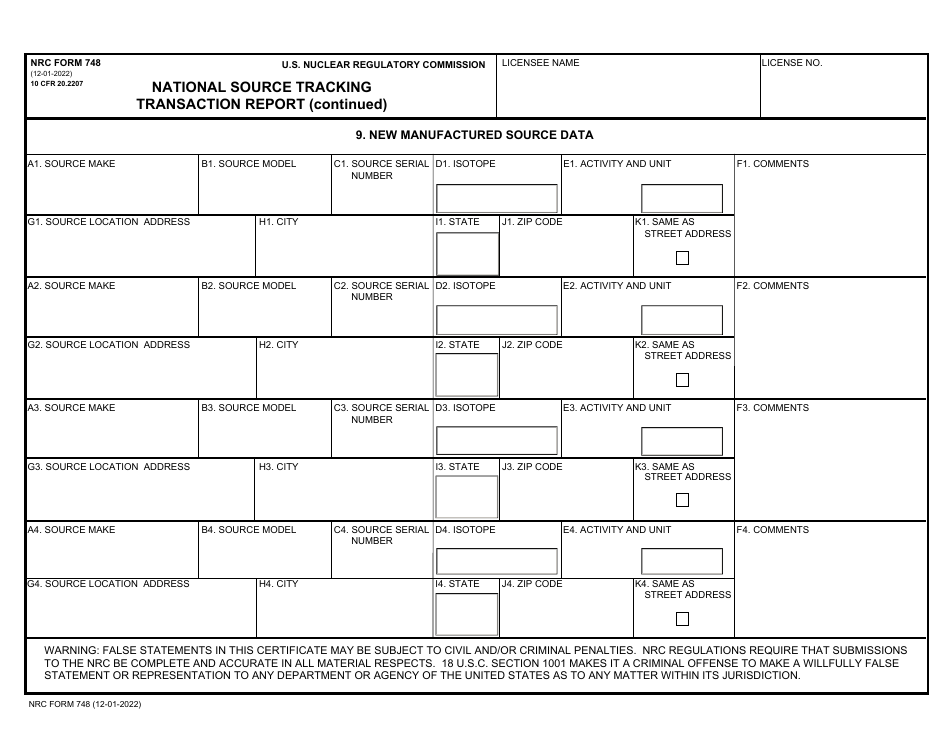 NRC Form 748 National Source Tracking Transaction Report, Page 9